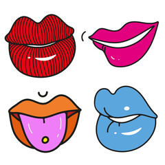 Set of lips, mouths and lipstick - retro pop art style. Vector illustration