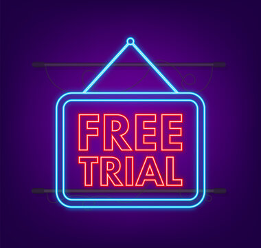 Free trial neon banner on gray background. Product advertising. Web design. Symbol, sign. Vector stock illustration.