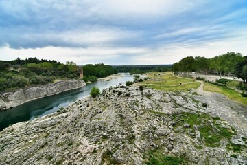 landscape with river and blue sky, photo as a background , in Pont du gard, gardon, nimes france