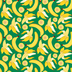 Banana seamless pattern. Watercolor painted tropical yellow palm fruit peeled with slices on red background for textile, fabric, wrapping paper, cover