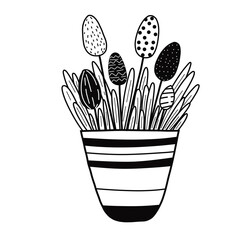 Flower in a pot in doodle style. Decor for Easter. Easter eggs in black and white line.