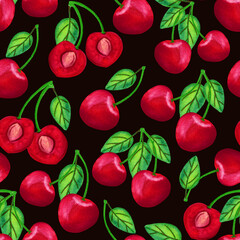 Sour cherry watercolor seamless pattern. Big painted red berry on black background. Summer garden harvesting illustration for textile, fabric, print design, calendar, wrapping paper