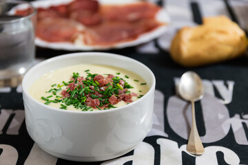 Leek Vichyssoise with serrano ham and chives