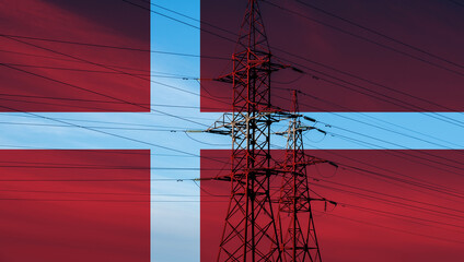Danish flag with electric tower and lines. Energy supply in Denmark. High electricity prices. Power...