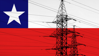 Chilean flag with electric tower and lines. Energy supply in Chile. High electricity prices. Power...