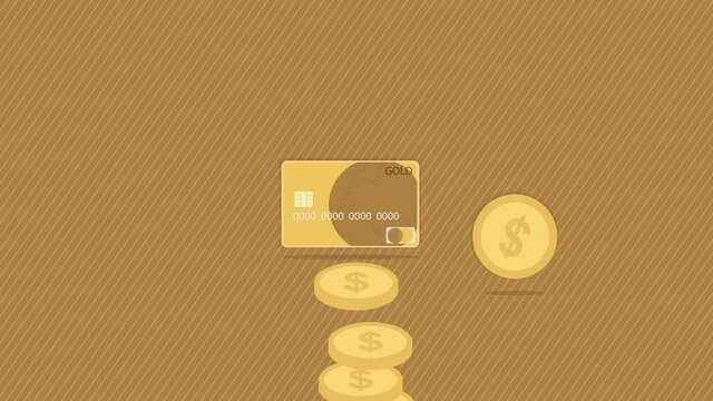 flat animation, replenishment of a payment card with currencies, euro, dollar, yen, transparent background with alpha channel.