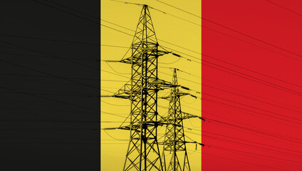 Belgian flag with electric tower and lines. Energy supply in Belgium. High electricity prices....
