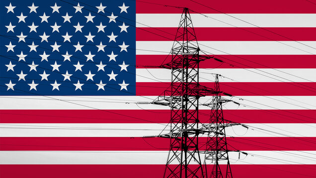 US flag with electric tower and lines. Energy supply in USA. United States high electricity prices. Power outage, power cut or blackout theme. - Powered by Adobe