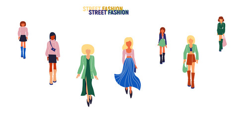 Collection of stylish young women dressed in trendy clothes. Vector fashion illustration.