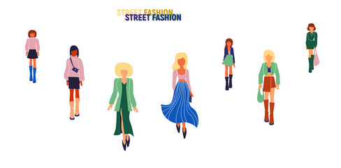 Fototapeta premium Collection of stylish young women dressed in trendy clothes. Vector fashion illustration.