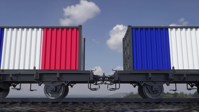 Containers with the flag of France. Railway transportation