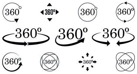 360 degree views of vector circle icons set isolated on white background. Signs with arrows to indicate rotation or 360 degree panoramas. Vector illustration. Editable Stroke