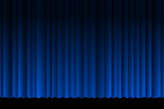 Closed silky luxury blue curtain stage background. Theatrical fabric drapes. Vector gradient eps illustration