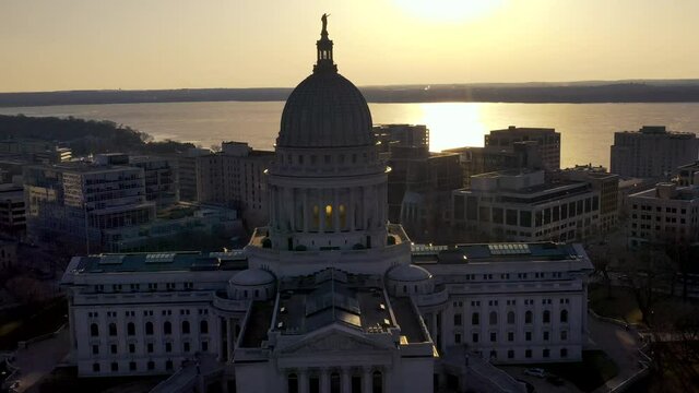 Madison State Capitol Building at Sunrise (Drone - Slight Pull Back)