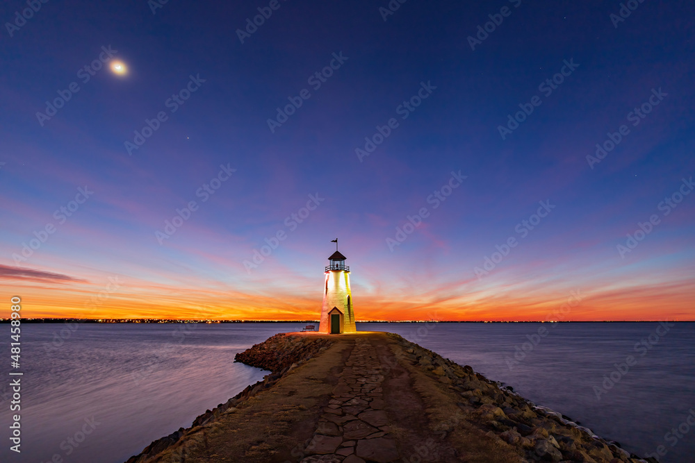 Wall mural sunset beautiful landscape of the lake hefner lighthouse - Wall murals