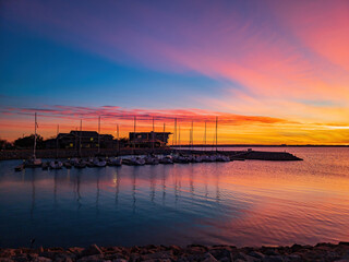 Sunet view of the harbor of Lake Hefner