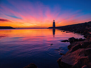 Sunset beautiful landscape of the Lake Hefner lighthouse