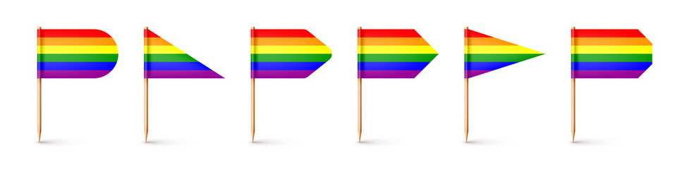 Realistic various toothpick flags. Wooden toothpicks with rainbow LGBTQ paper flag. Blank mockup for advertising and promotions. Pride month. Vector illustration