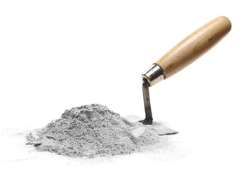 Cement pile and trowel isolated on white   - obrazy, fototapety, plakaty