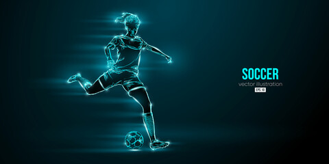 football soccer player woman in action isolated blue background. Vector illustration - obrazy, fototapety, plakaty