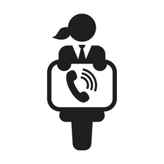 Business icon vector, female person with phone symbol on board for support and customer service in a glyph pictogram illustration