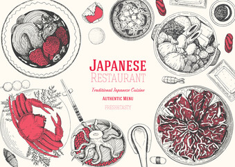 Japanese food menu restaurant. Asian food poster. Top view frame vector illustration. Japanese food engraved design template.