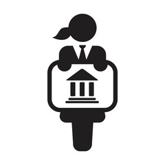 Business icon vector, female person with building symbol on board in a glyph pictogram illustration