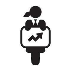 Business icon vector, female person with dart board symbol on board for trading in a glyph pictogram illustration