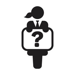 Business icon vector, female person with question symbol on board for support and service in a glyph pictogram illustration