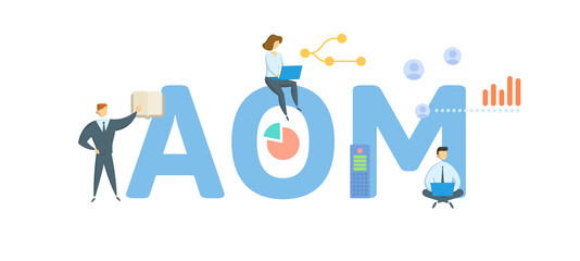 AOM, Advanced Order Management. Concept with keyword, people and icons. Flat vector illustration. Isolated on white.