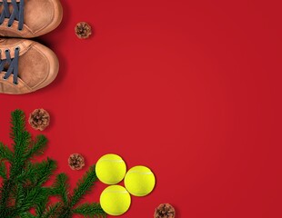 Tennis Christmas, Happy New Year concept with tennis balls, sneakers and fir tree branches.