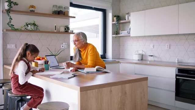 Small girl with senior grandmother doing maths homework at home.