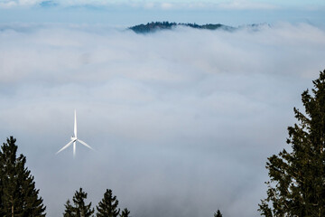 windkraftanlage, windkraft, nebel, nebelmeer, energie, nachhaltigkeit, ökologie, elektrizität, symbolbild