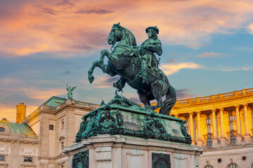 Fototapeta na wymiar Statue of Prince Eugene in front of Hofburg palace on Heldenplatz square, center of Vienna, Austria