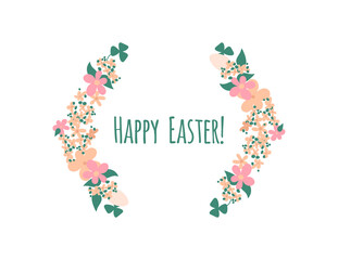 Happy Easter vector illustration with flowers. Rustic earthy colors spring holiday template for greeting card, invitation, poster, banner. Easter day flat style background
