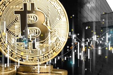 Bitcoin BTC Cryptocurrency Coins. Stock Market Concept, Golden coins, Metaverse