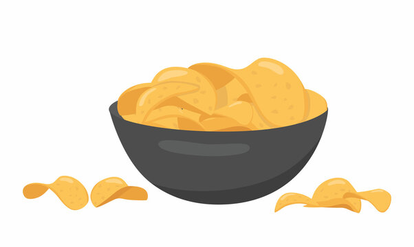 Potato chips in ceramic clay bowl for fast food menu. Fried slices potato for packaging design. Vector stock illustration isolated on white background. EPS10.