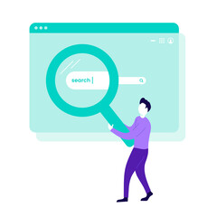 Man holding magnifying glass at search bar in browser window. Trendy flat illustration.