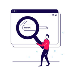 Man holding magnifying glass at search bar in browser window. Trendy flat outline illustration.