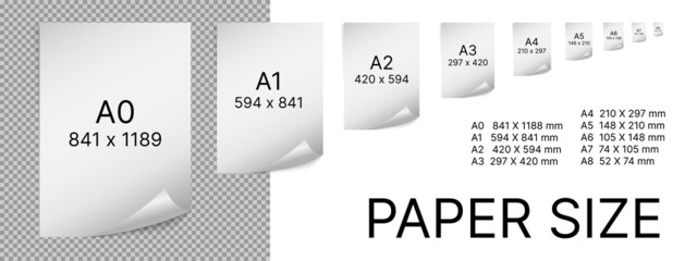 Paper size series A. A0, A1, A2, A3, A4, A5, A6, A7, A8 3d paper sheet format. Realistic mock up set. Vector illustration