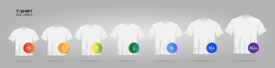 White T-shirt size  S, M, L, XL, XXL XXXL labels and round stickers. Vector illustration