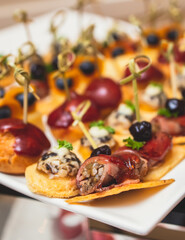 Catering table, beautifully decorated banquet with variety of with different food snacks and appetizers on corporate birthday party event or wedding celebration, seafood, canape, delicatessen setting
