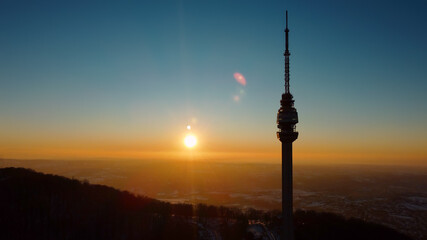 Drone aerial shot of mountain Avala and communication tower, symbol of Belgrade, Serbia.