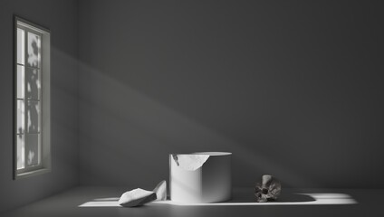 Minimal background for product presentation. natural sunshade shadow on dark plaster wall. 3d...