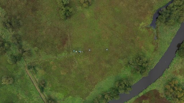 Protected landscape area Trebonsko UNESCO biosphere reserve science station research for studying wetlands meadows Trebon, drone aerial video shot ecosystem weather station swamp willows