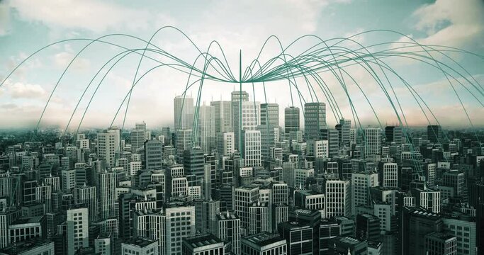 Big Data Arch Forming Over Metropolitan 3D Smart City. Futuristic Smart City And Technology Concept 3D 4K.