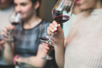 Process of wine testing at vineard, friends having fun drinking wine at winery