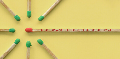 Covid Omicron variant spread concept. Red matchstick with word omicron surrounded by green ones,...