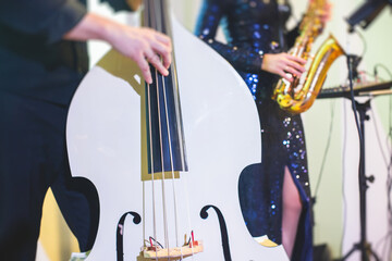 Concert view of contrabass violoncello player with vocalist and music band during jazz orchestra band performing music, violoncellist cello jazz player on stage with white coloured musical instrument