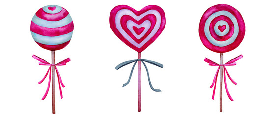 Obraz premium Set of watercolor sweets, lollipops, sugar caramel on a stick. Valentines day sweet candy dessert. Watercolor illustration isolated on white background..